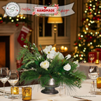 White Winter Floral Arrangement – Custom Designed Christmas Table Décor Centerpiece with Faux Pine, Cedar Greenery and Ivory Roses