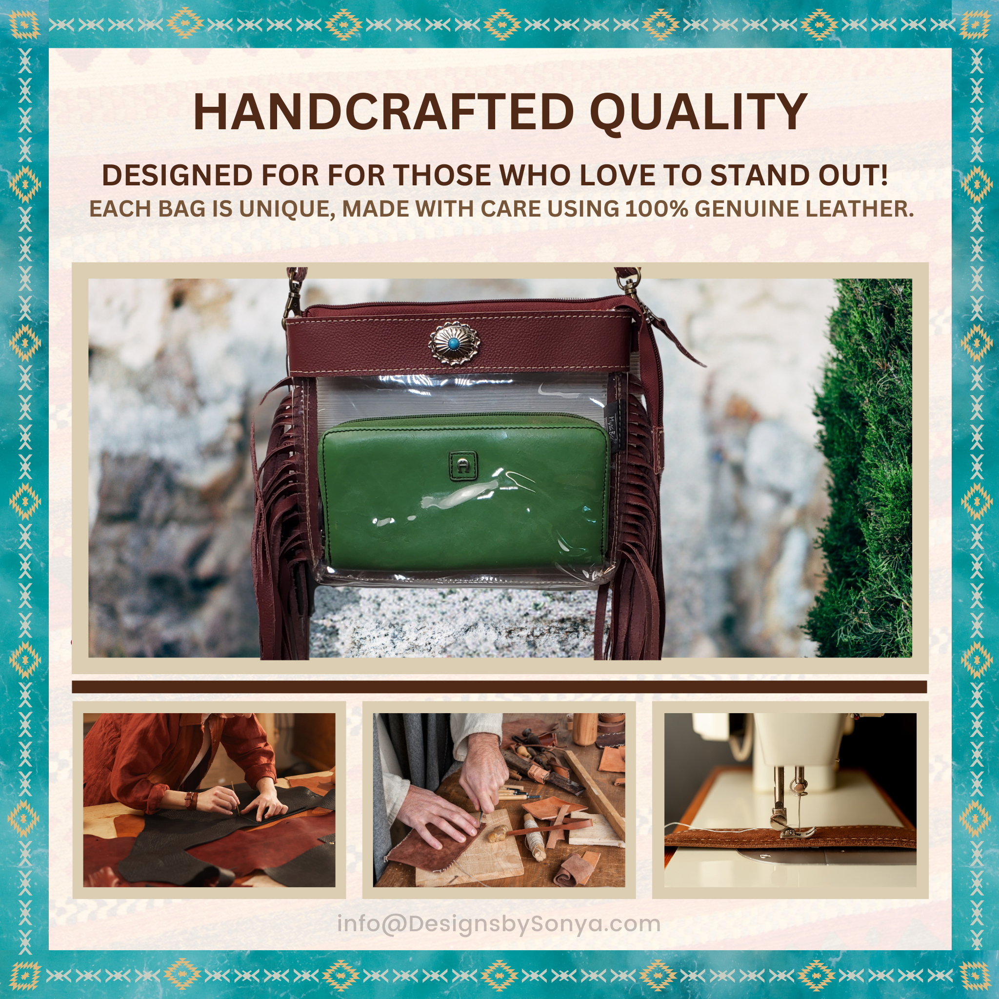 Southwestern Chocolate Leather Clear Crossbody Bag | Concert & Stadium Approved | Azura Myra Bag S-9553