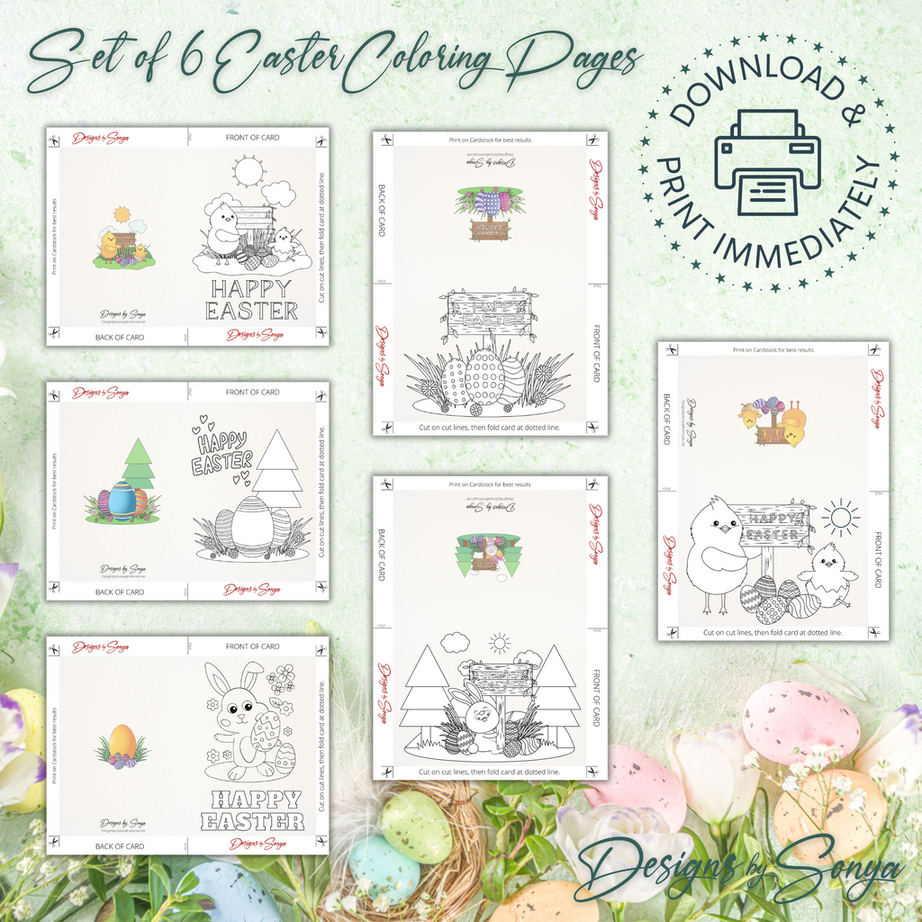 Set of 6 Custom Designed 5 x 7 Printable Happy Easter DIY Kid Coloring Greeting Card Classroom Activity - Instant Download - Print at Home