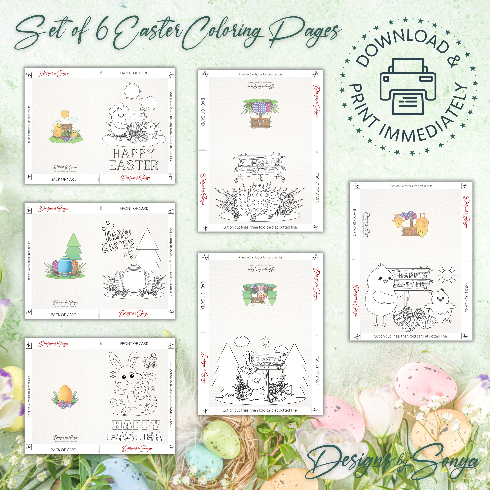 Set of 6 Custom Designed 5 x 7 Printable Happy Easter DIY Kid Coloring Greeting Card Classroom Activity - Instant Download - Print at Home