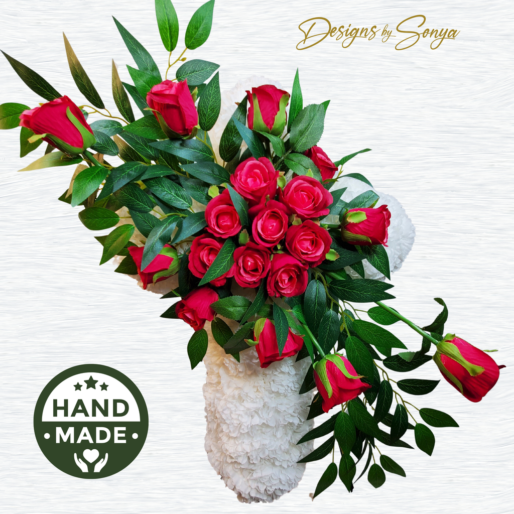 Eternal Love Standing Cross with Red Roses | Sympathy Florals for Funeral, Memorial, Cemetery
