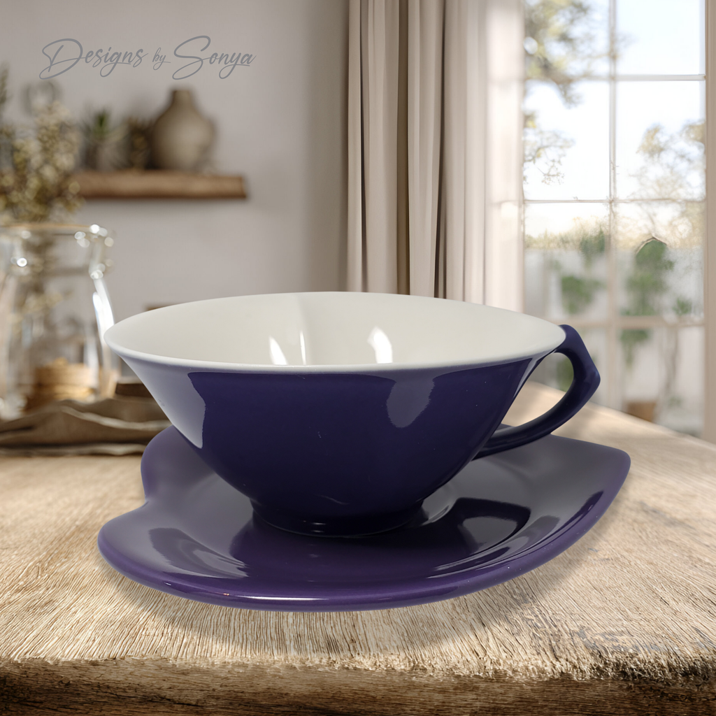 Discontinued Mary Kay Heart Teacup and Saucer Set, Purple Ceramic Cup, Rare Collectible Tea Cup Set, Romantic Gift Idea, New Unused