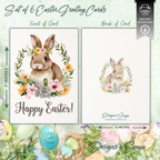Elegant Custom Designed Set of 6 Printable 5 x 7 inch Happy Easter Greeting Cards - Floral Designs with an Adorable Rabbit -Instant Download