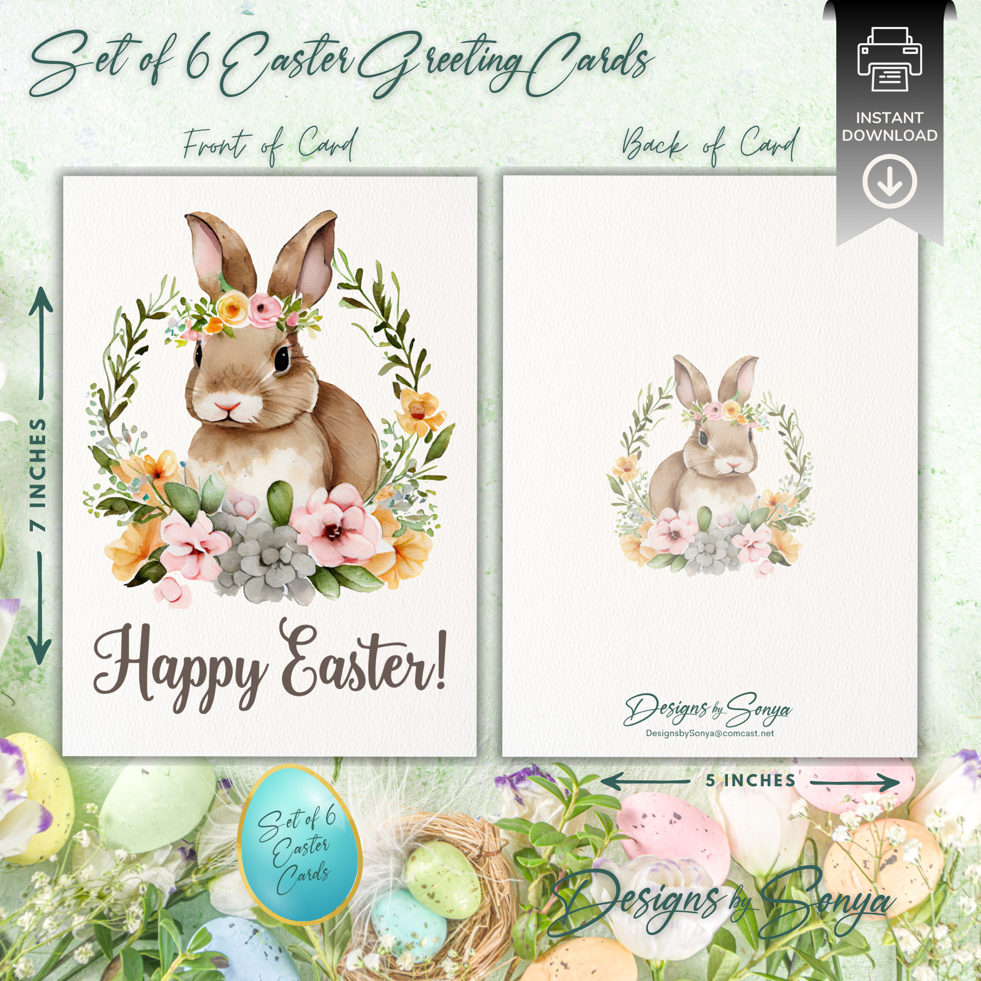 Elegant Custom Designed Set of 6 Printable 5 x 7 inch Happy Easter Greeting Cards - Floral Designs with an Adorable Rabbit -Instant Download
