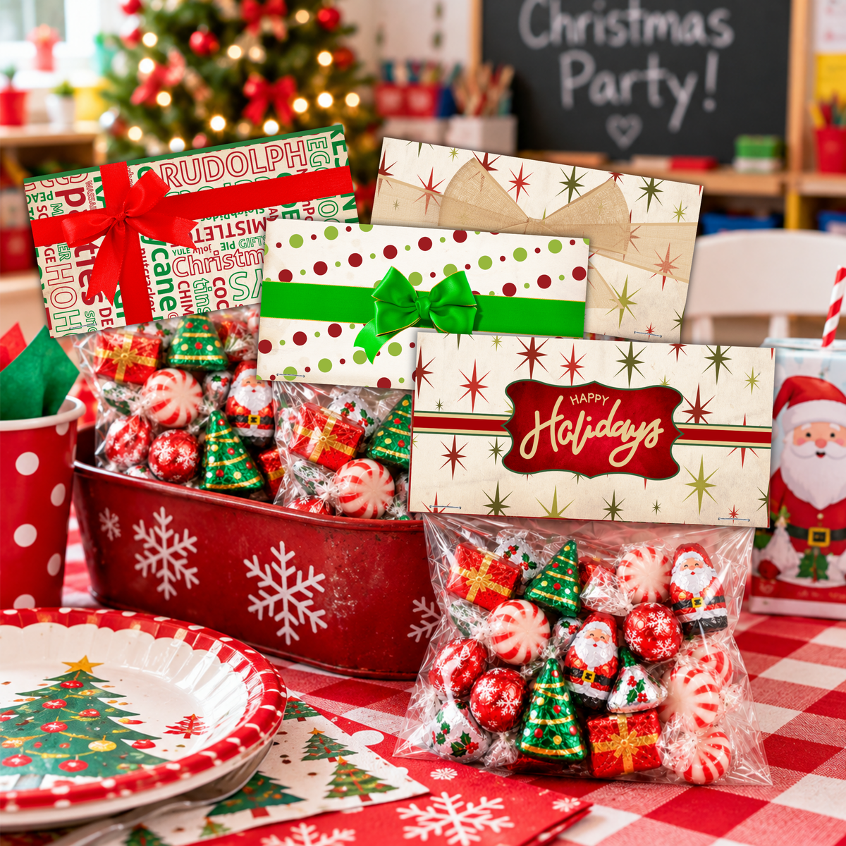 Printable Christmas Treat Bag Topper Collection | 4 Vintage Holiday Designs | Candy Bag Toppers for Classroom Parties & Christmas Gifts | 4" x 2" PDF