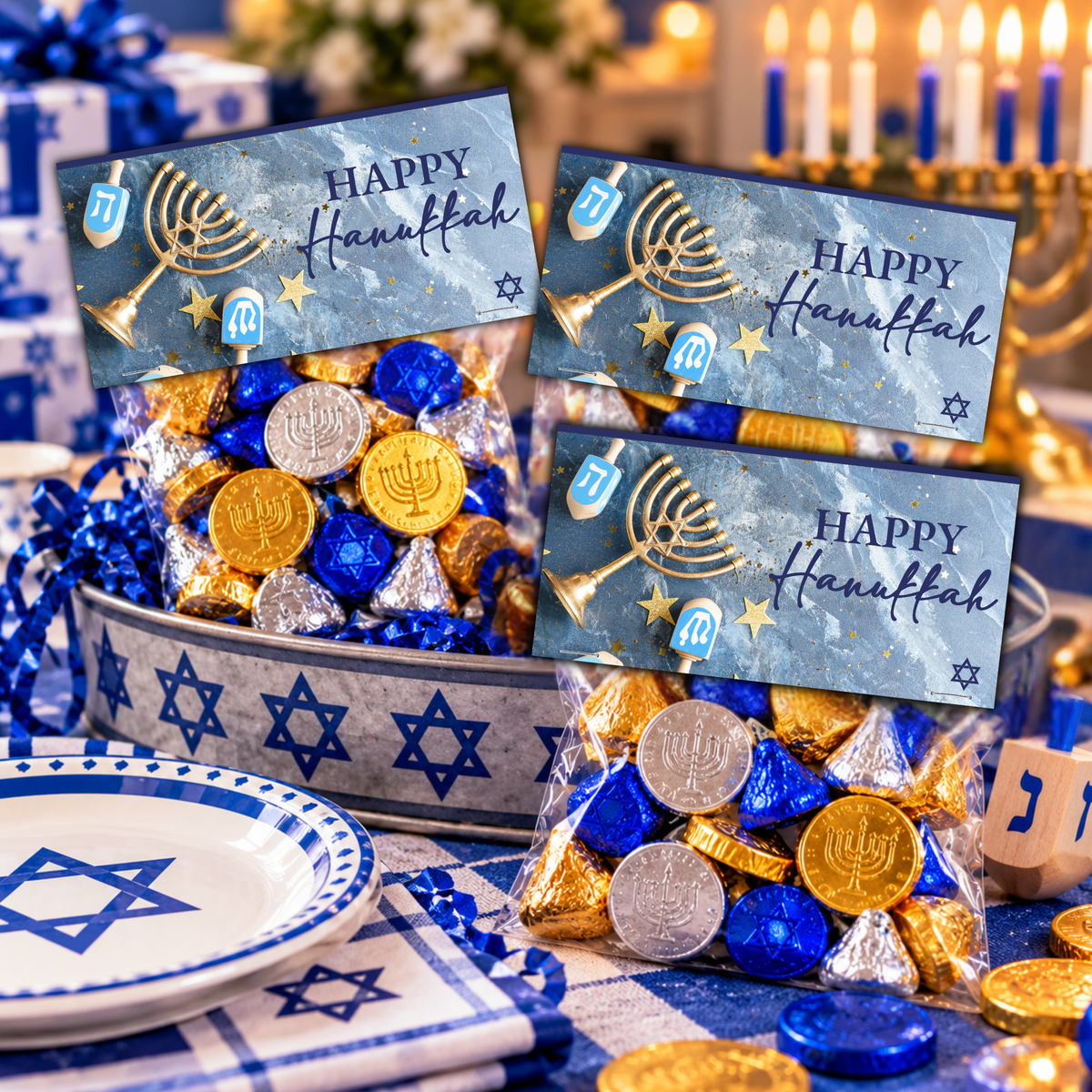 Printable Hanukkah Treat Bag Topper | Happy Hanukkah Candy Bag Topper | Menorah & Dreidel Design | Jewish Holiday Party Favors | 4 x 2 PDF