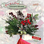 Lifestyle Closeup Holiday Décor
Festive lifestyle closeup of pinecone stocking holder featuring snowy pinecone, frosted greenery, red berries, and glittered leaves. A unique handmade Christmas mantel accent.