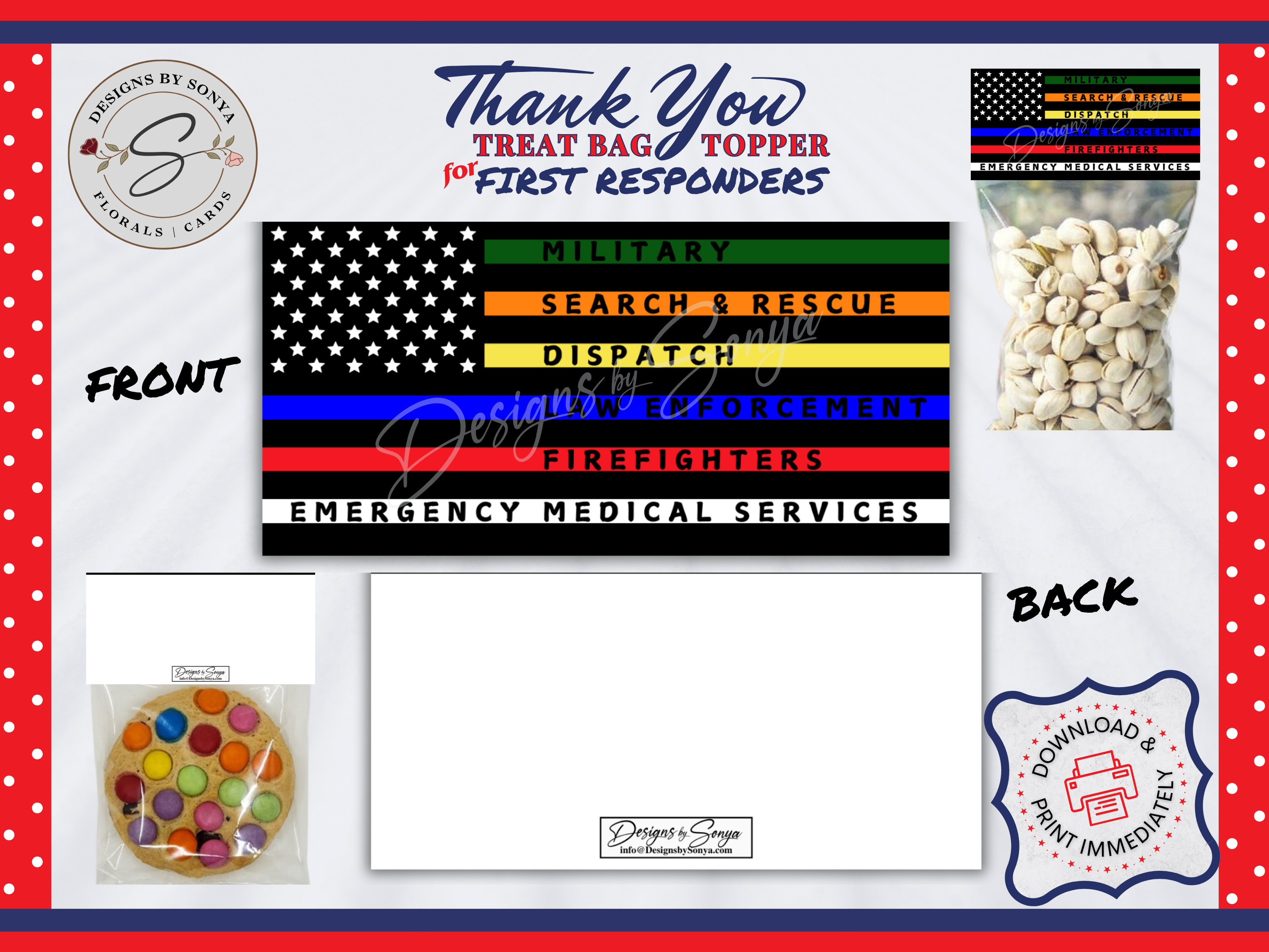 Flag Treat Bag Topper | First Responders | Printable 4"x4" Digital Download | Military, EMS, Police, Firefighters, Dispatch | Thank You Gift