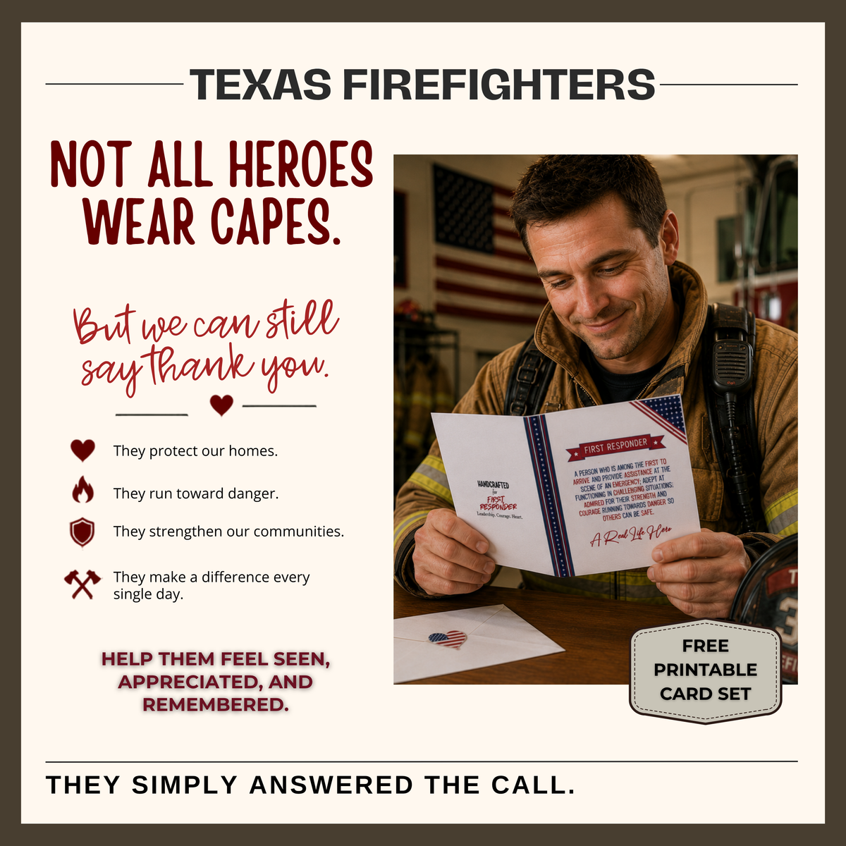 First Responder Thank You Card | A Real Life Hero | Free Printable A7 Card | Write the Note