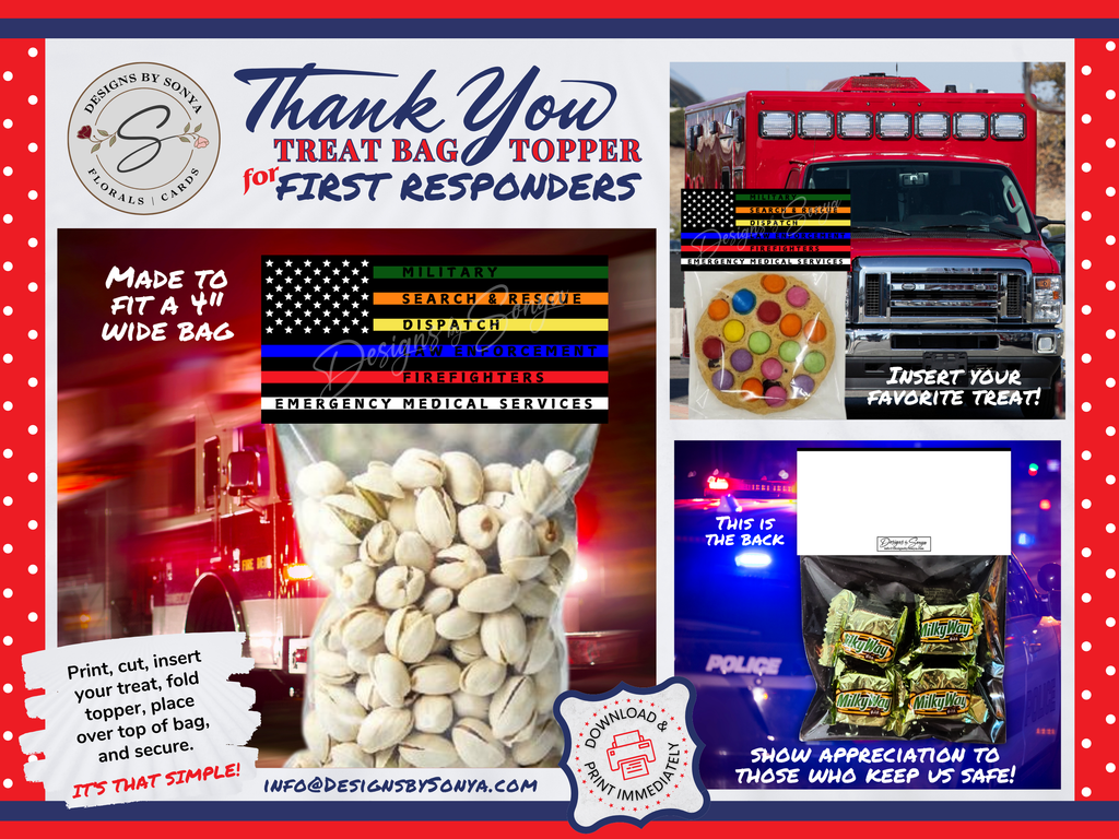 Flag Treat Bag Topper | First Responders | Printable 4"x4" Digital Download | Military, EMS, Police, Firefighters, Dispatch | Thank You Gift