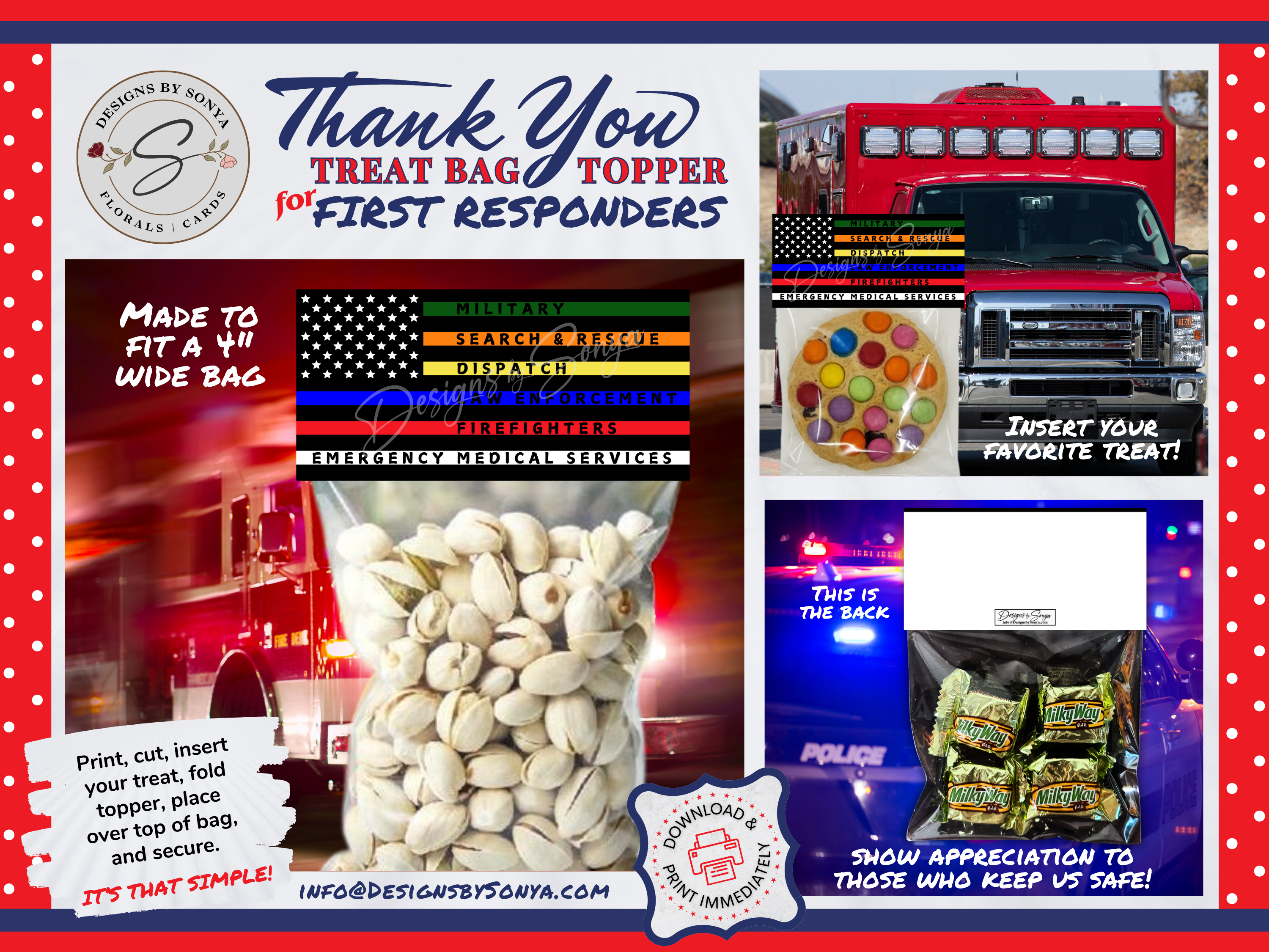 Flag Treat Bag Topper | First Responders | Printable 4"x4" Digital Download | Military, EMS, Police, Firefighters, Dispatch | Thank You Gift