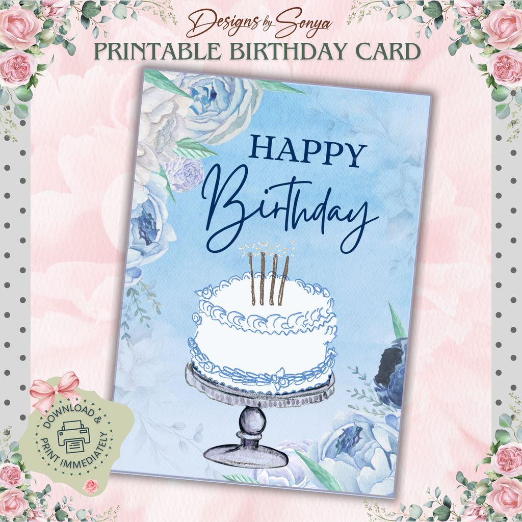 Blue Floral Birthday Card 5x7 | Printable Birthday Card | Watercolor Cake Design | Fits A7 Envelope | Digital Download | Print at Home