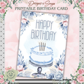 Blue Floral Birthday Card 5x7 | Printable Birthday Card | Watercolor Cake Design | Fits A7 Envelope | Digital Download | Print at Home