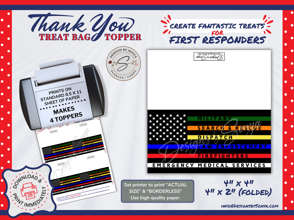 Flag Treat Bag Topper | First Responders | Printable 4"x4" Digital Download | Military, EMS, Police, Firefighters, Dispatch | Thank You Gift