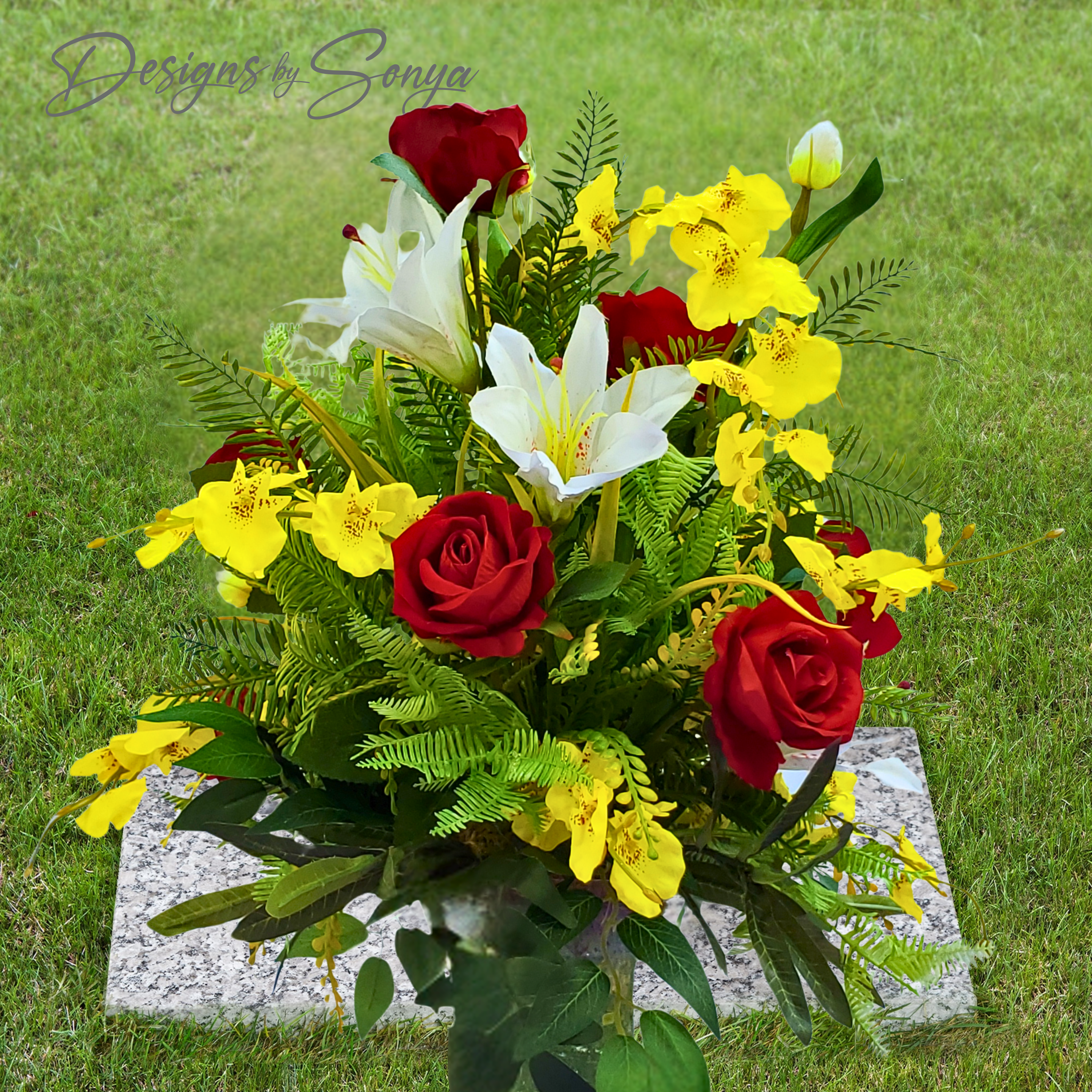 Red Rose, Orchid & Lilly Silk Cemetery Vase Insert – Artificial Grave Flower Arrangement | Summer Centerpiece or Memorial Floral Decoration