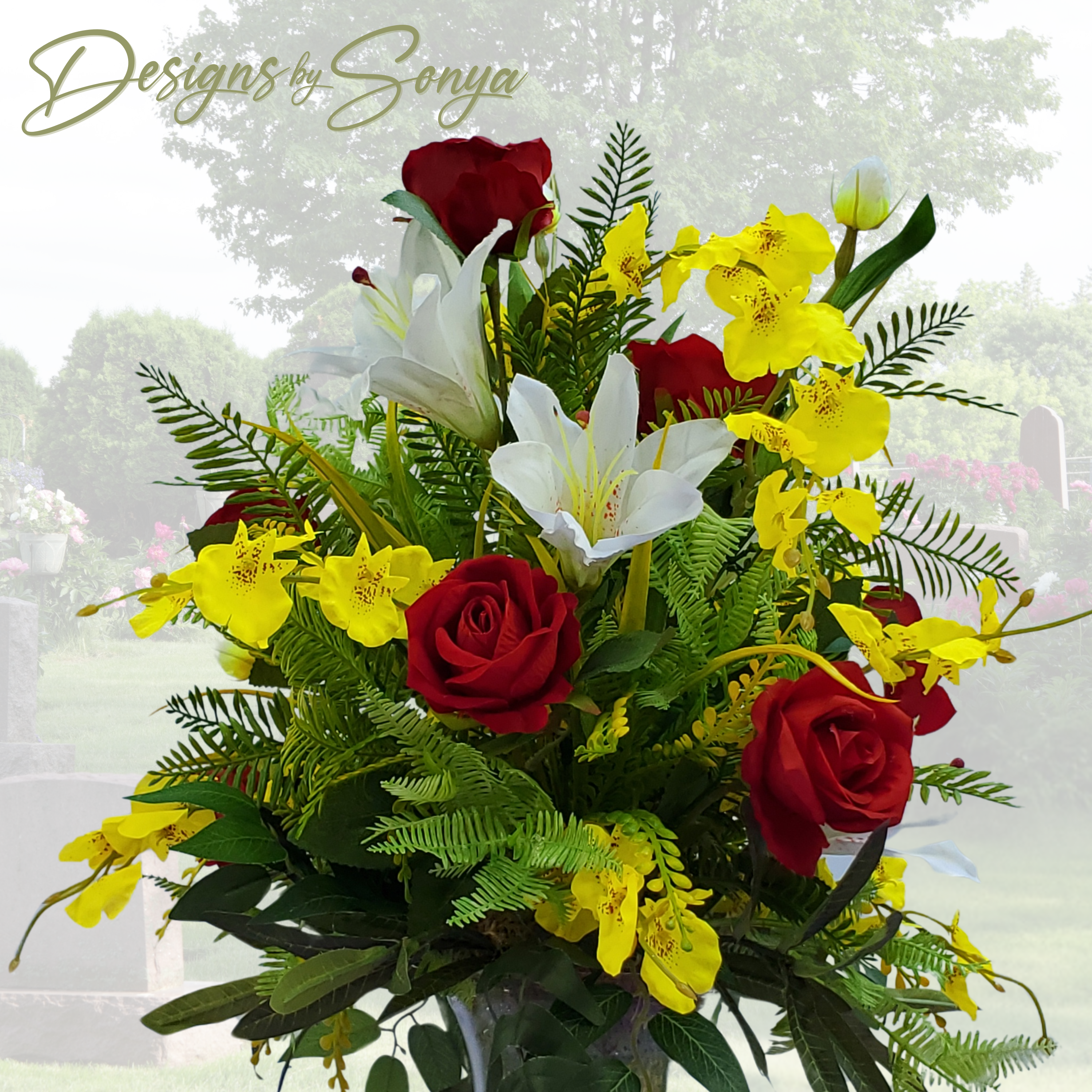 Red Rose, Orchid & Lilly Silk Cemetery Vase Insert – Artificial Grave Flower Arrangement | Summer Centerpiece or Memorial Floral Decoration