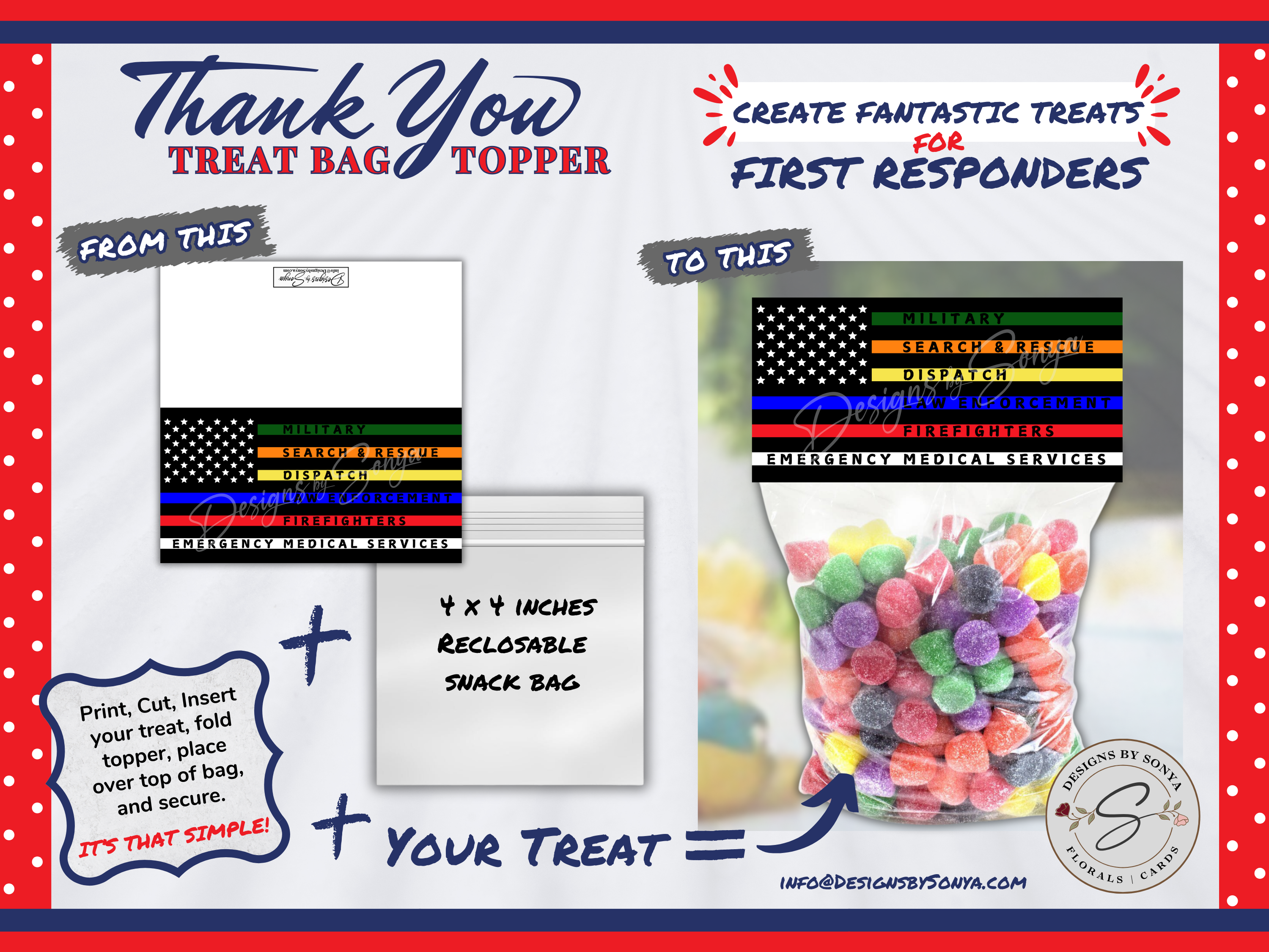 Flag Treat Bag Topper | First Responders | Printable 4"x4" Digital Download | Military, EMS, Police, Firefighters, Dispatch | Thank You Gift