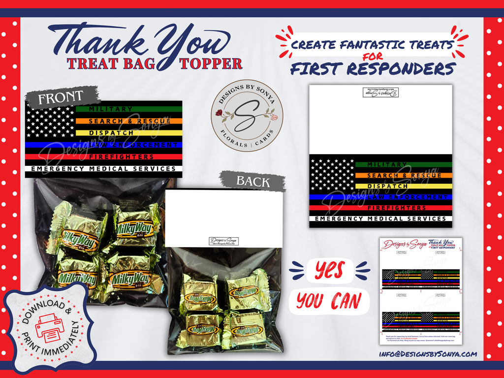 Flag Treat Bag Topper | First Responders | Printable 4"x4" Digital Download | Military, EMS, Police, Firefighters, Dispatch | Thank You Gift