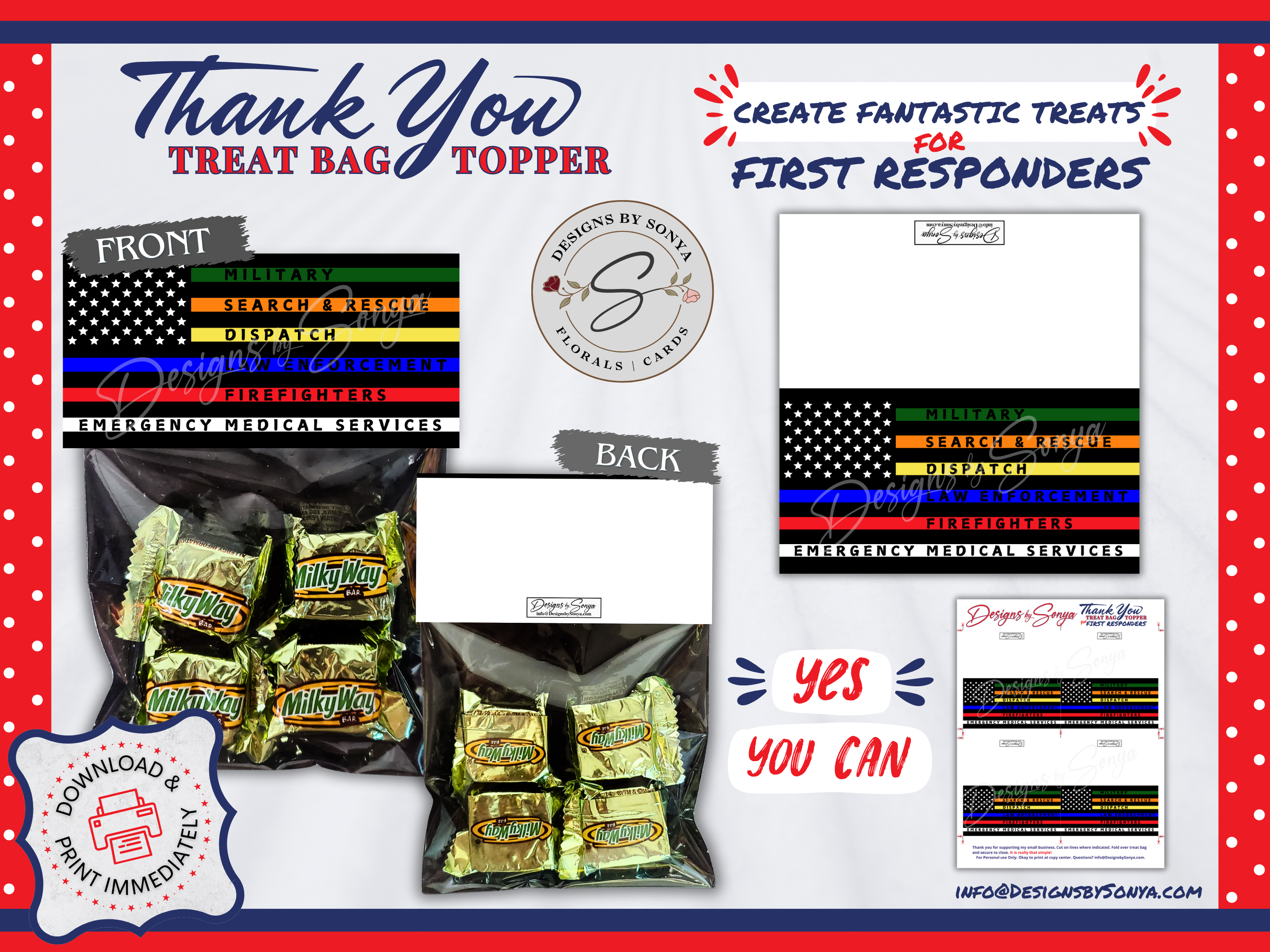 Flag Treat Bag Topper | First Responders | Printable 4"x4" Digital Download | Military, EMS, Police, Firefighters, Dispatch | Thank You Gift