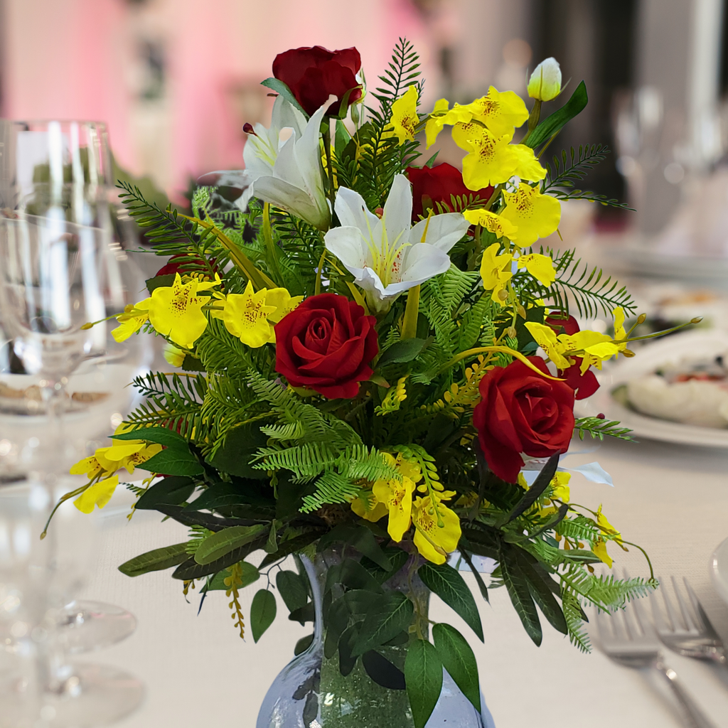 Red Rose, Orchid & Lily Floral Vase Arrangement – Silk Flower Home Decor Centerpiece | Holidays, Christmas, Valentine’s, Mother’s Day Gift