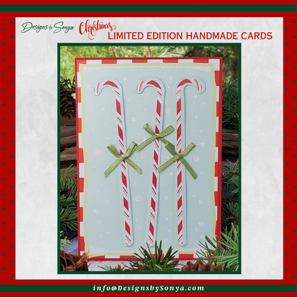 LIMITED EDITION | Festive and Unique | 5" x7" Candy Cane Christmas Card | 1/2" Green Hand Tied Bows | Handcrafted Layered Holiday Greetings