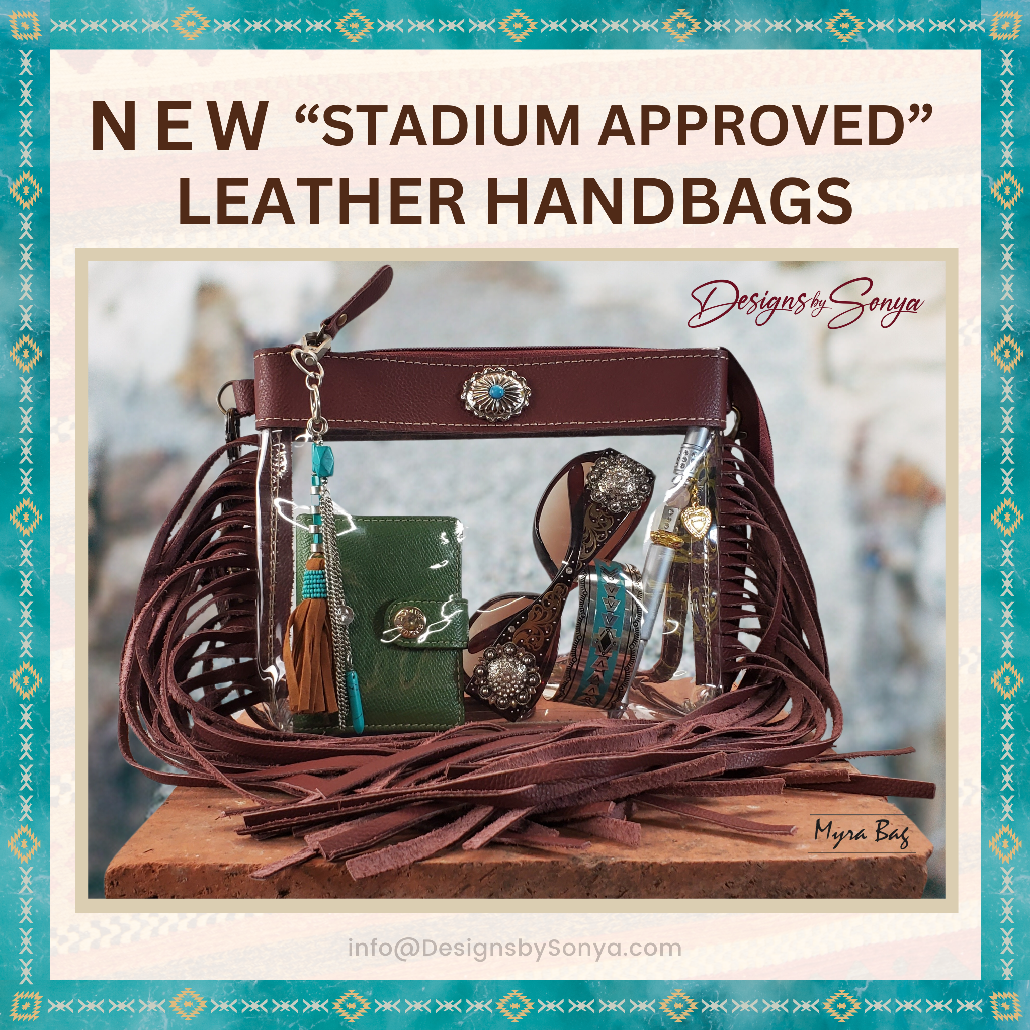 Southwestern Chocolate Leather Clear Crossbody Bag | Concert & Stadium Approved | Azura Myra Bag S-9553