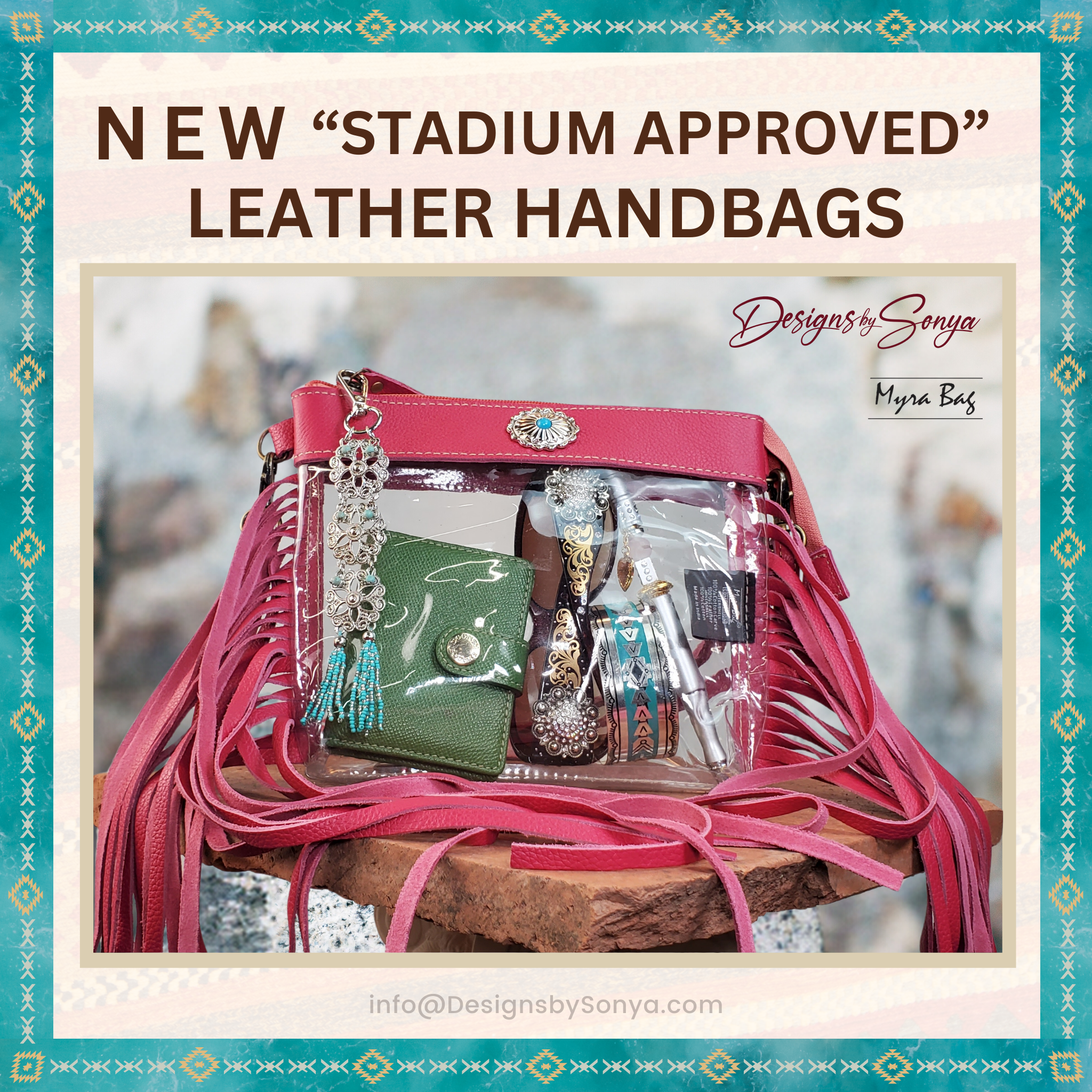 Azura Clear Crossbody Bag by Myra in Magenta | Stadium Approved Western Leather Handbag with Fringe, Adjustable Strap, and Concho Detailing