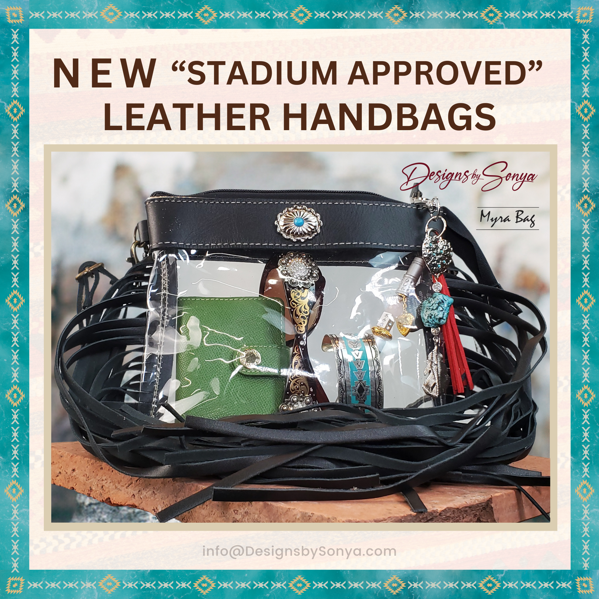 Azura Clear Crossbody Bag by Myra - Stadium Approved Western Leather Handbag with Fringe, Adjustable Strap, and Concho Detailing | Black