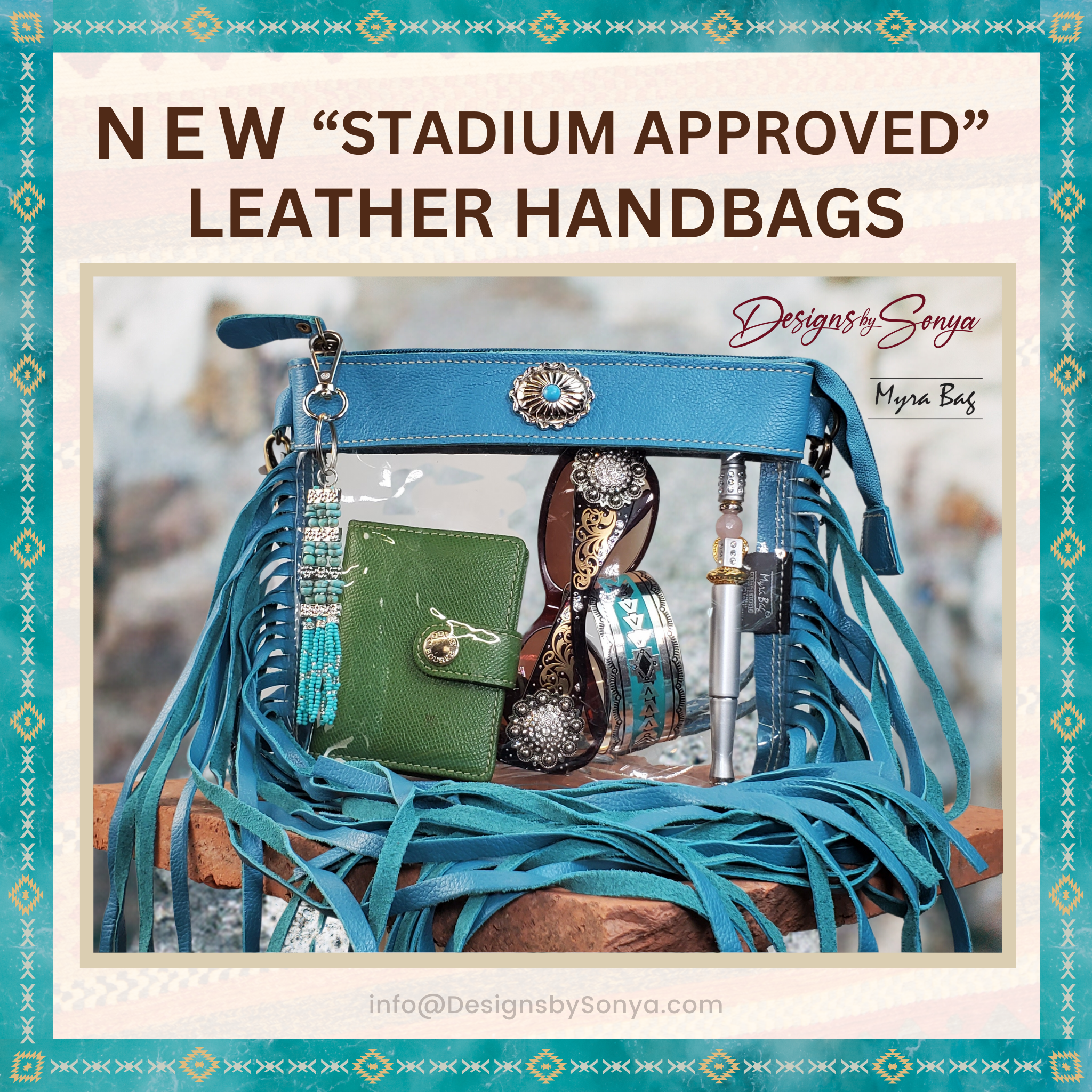 Azura Clear Crossbody Bag by Myra in Turquoise Blue | Stadium Approved Western Leather Handbag with Fringe, Adjustable Strap, and Concho Detailing