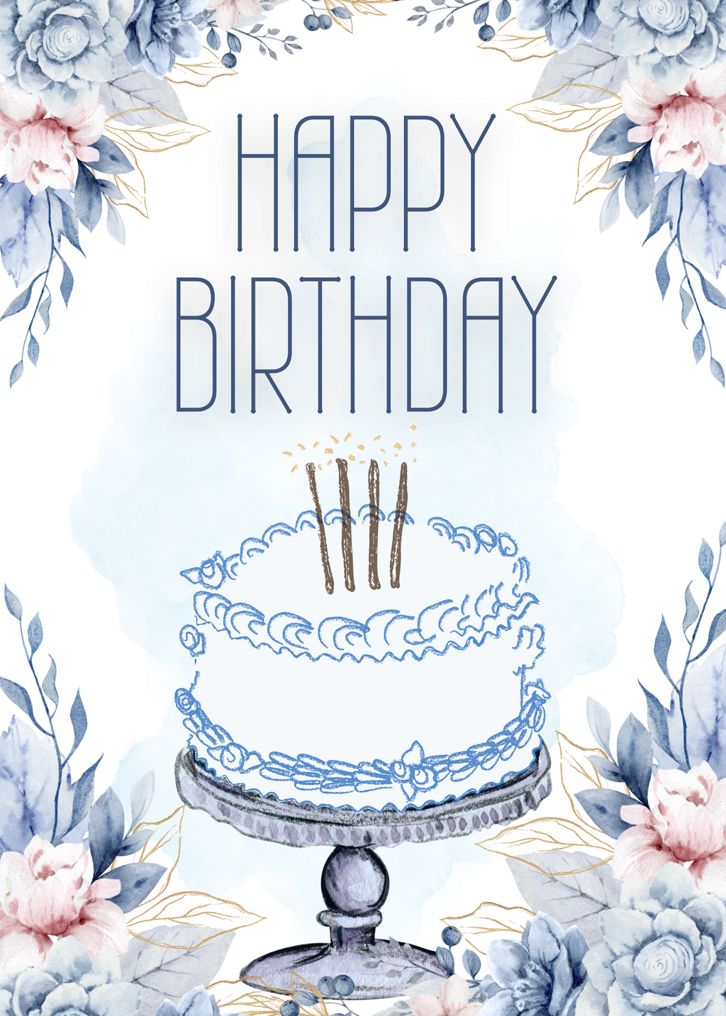 Blue Floral Birthday Card 5x7 | Printable Birthday Card | Watercolor Cake Design | Fits A7 Envelope | Digital Download | Print at Home