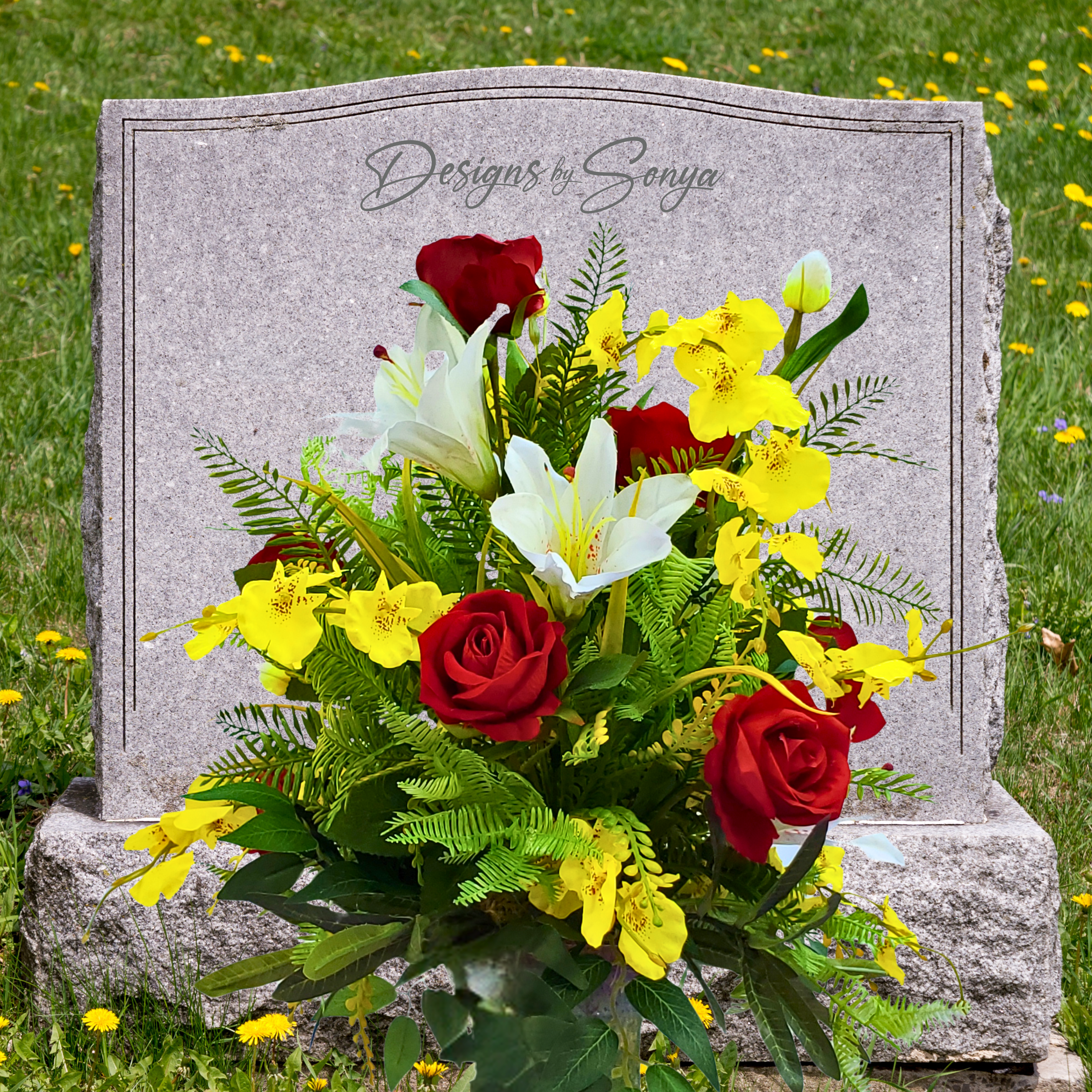 Red Rose, Orchid & Lilly Silk Cemetery Vase Insert – Artificial Grave Flower Arrangement | Summer Centerpiece or Memorial Floral Decoration