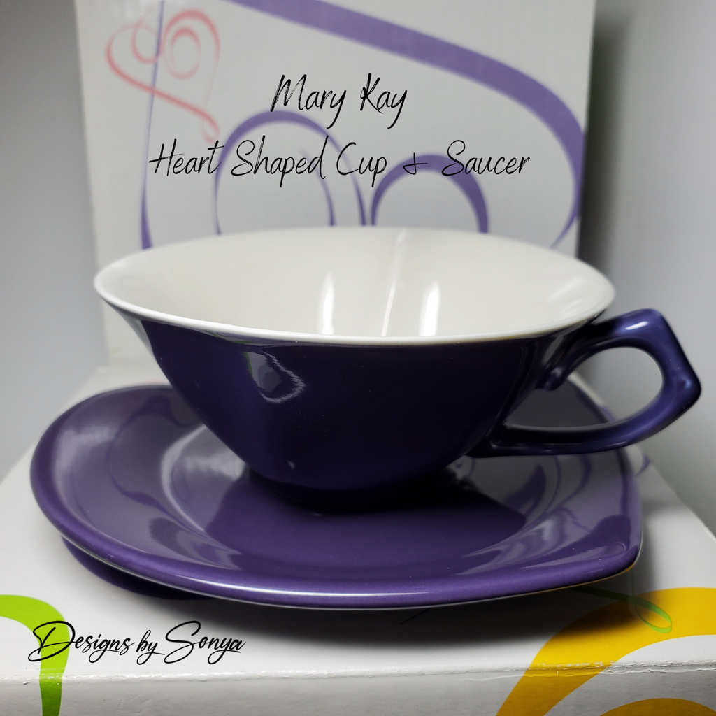 Unique Heart Shaped Cup & Saucer Set by Mary Kay | Purple | New in Box - Discontinued | Perfect Gift for Teachers | Party Favors for Shower