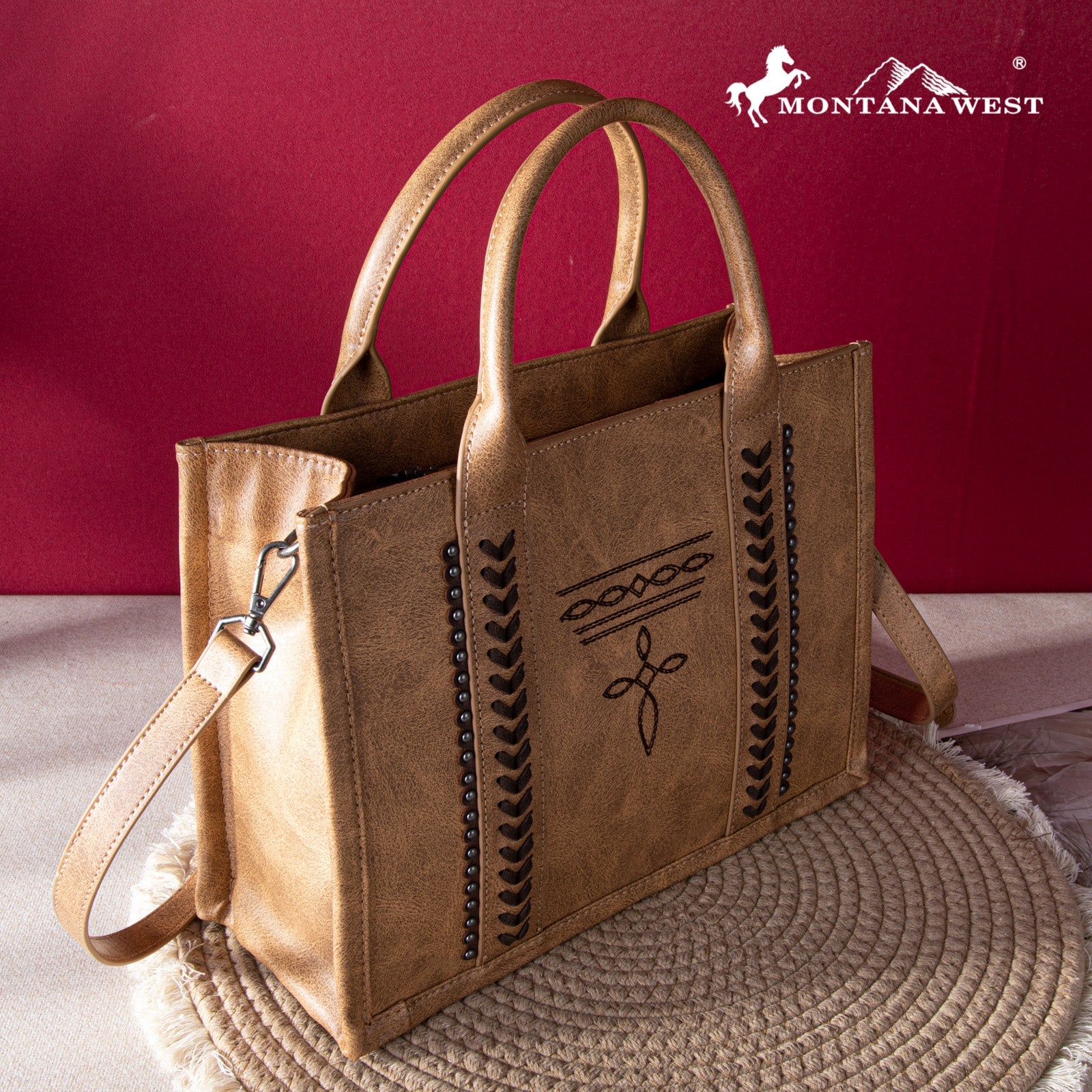 Montana West Whipstitch Concealed Carry Tote with Matching Bi-Fold Wallet | MW1124-H8120SW | Brown