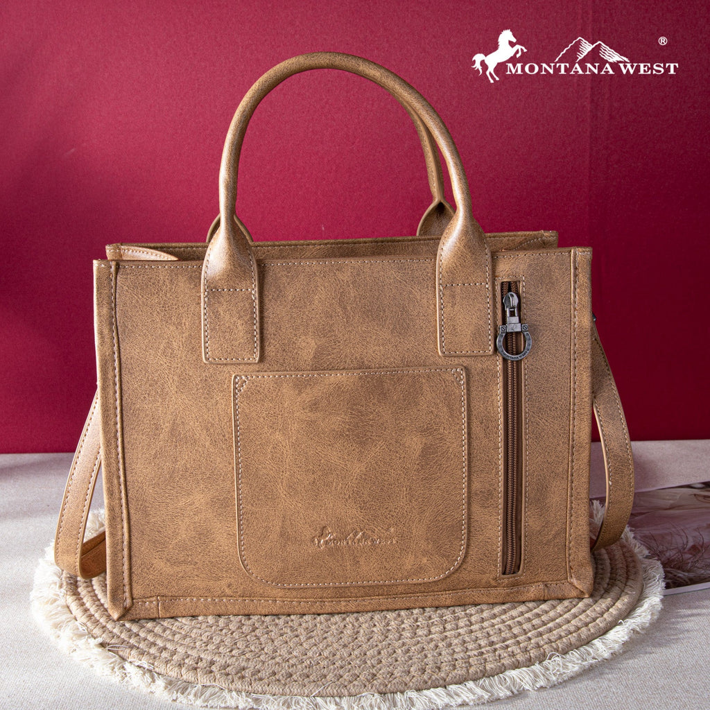 Montana West Whipstitch Concealed Carry Tote with Matching Bi-Fold Wallet | MW1124-H8120SW | Brown