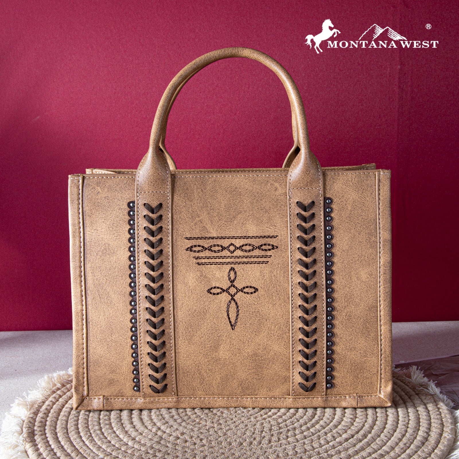 Montana West Whipstitch Concealed Carry Tote with Matching Bi-Fold Wallet | MW1124-H8120SW | Brown