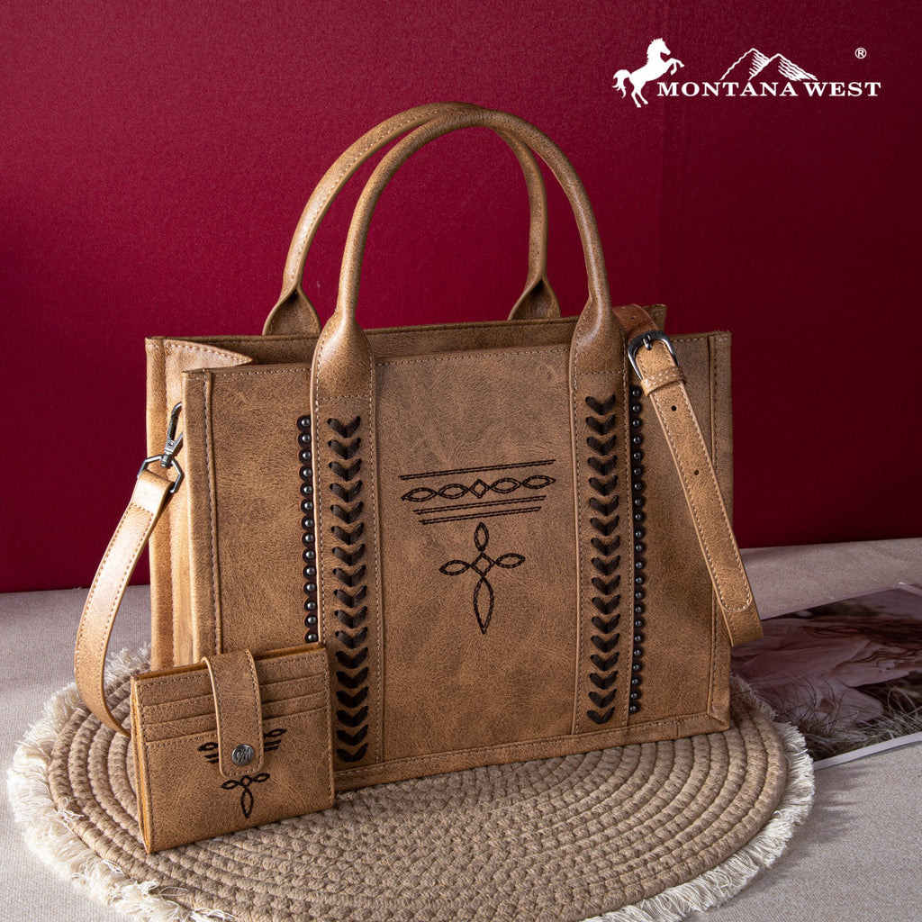 Montana West Whipstitch Concealed Carry Tote with Matching Bi-Fold Wallet | MW1124-H8120SW | Brown