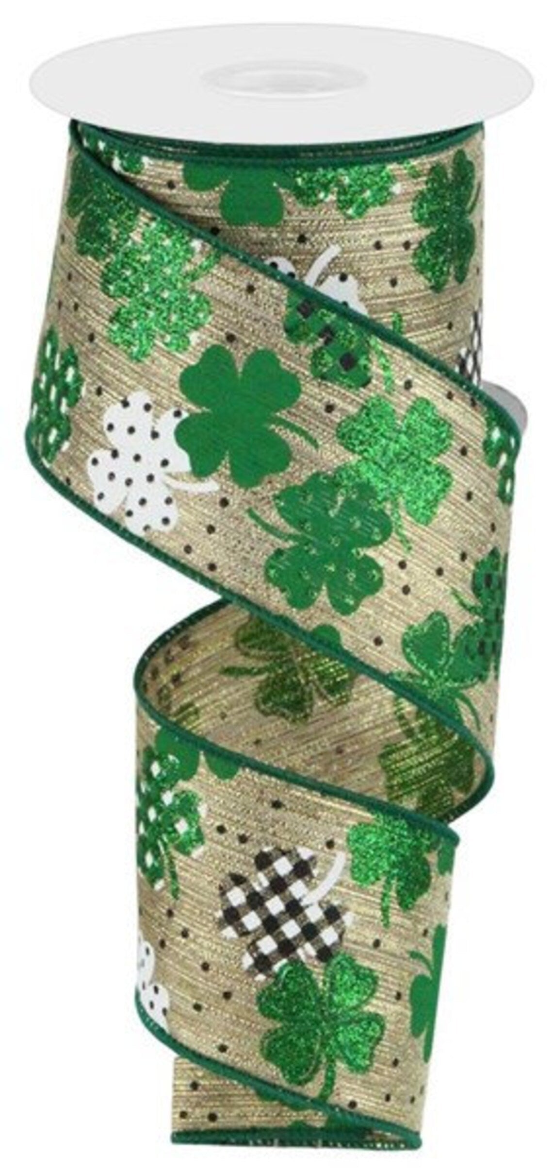 Shamrock Pattern Wired Ribbon | Gold, Green, Black, White | 2.5 Inches x 10 Yards | Really Great RGC1880 | Quality | St Patrick's | Clover