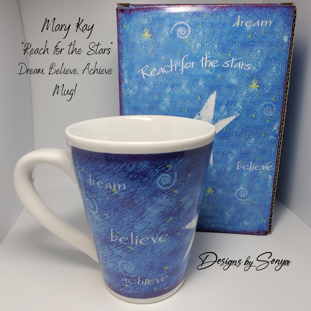 Vintage Mary Kay "Reach for the Stars" Dream, Believe, Achieve 14 oz. Mug - New in Box - Discontinued
