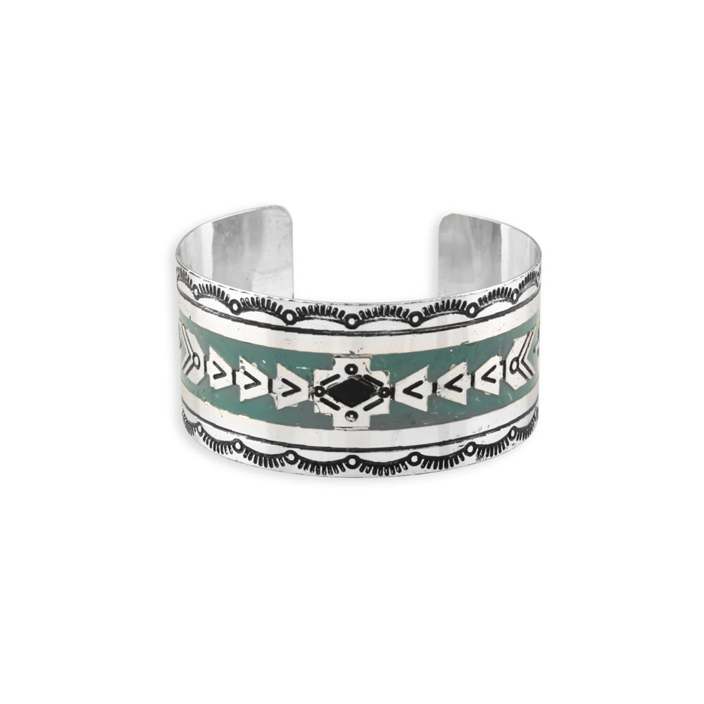 Mesa Heritage Etched Metal Cuff Southwestern Tribal Bracelet | Silver, Turquoise and Black | Myra Bags | S-8280