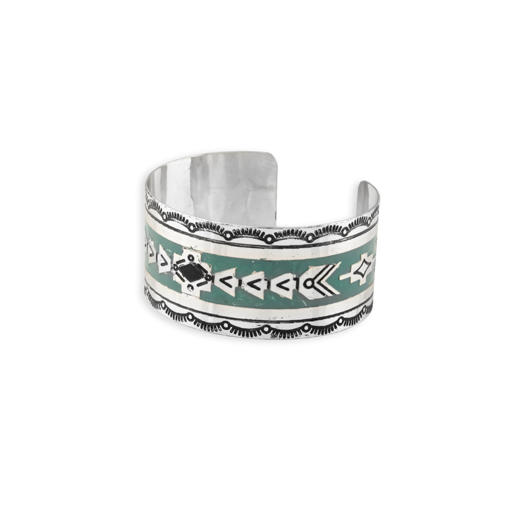 Mesa Heritage Etched Metal Cuff Southwestern Tribal Bracelet | Silver, Turquoise and Black | Myra Bags | S-8280