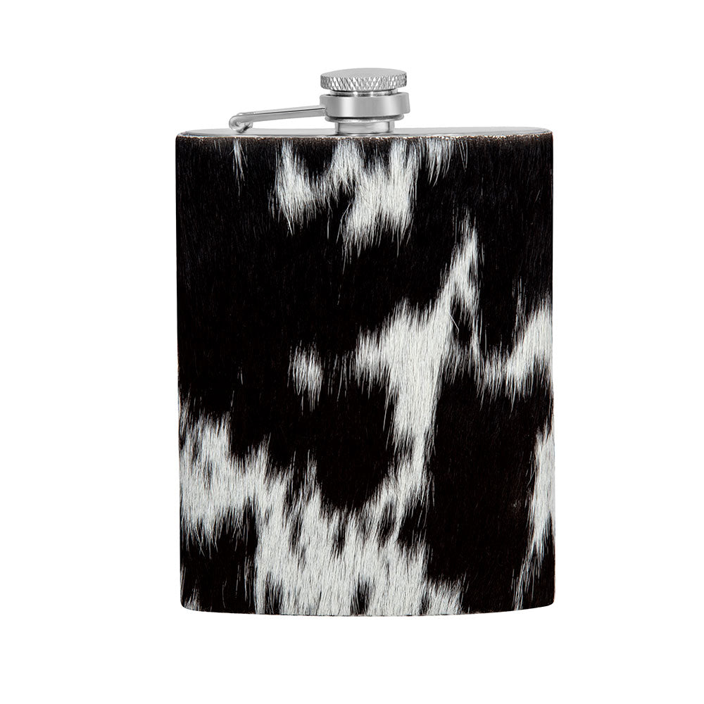Mountain Trail Flask in Dark Hair-on Hide | Unique Natural Markings | Black and White | Myra Bags | S-8476