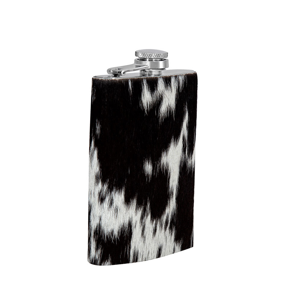 Mountain Trail Flask in Dark Hair-on Hide | Unique Natural Markings | Black and White | Myra Bags | S-8476