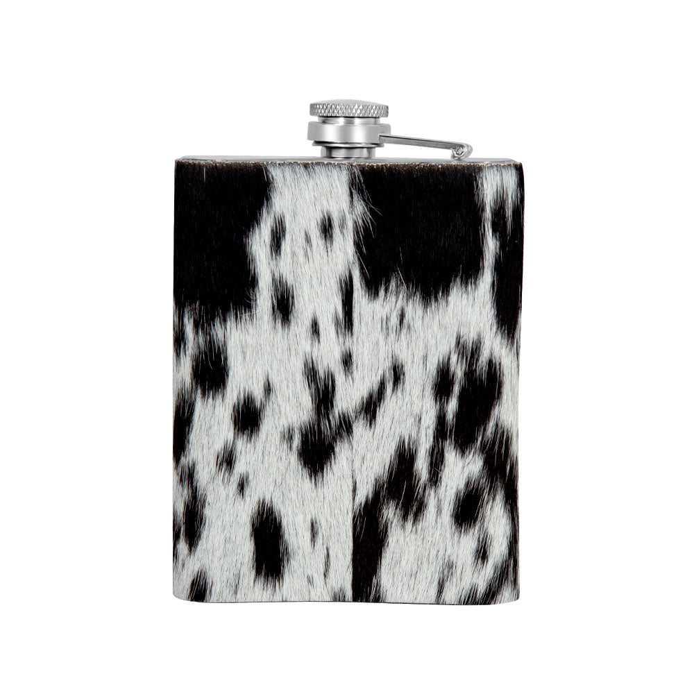 Mountain Trail Flask in Dark Hair-on Hide | Unique Natural Markings | Black and White | Myra Bags | S-8476