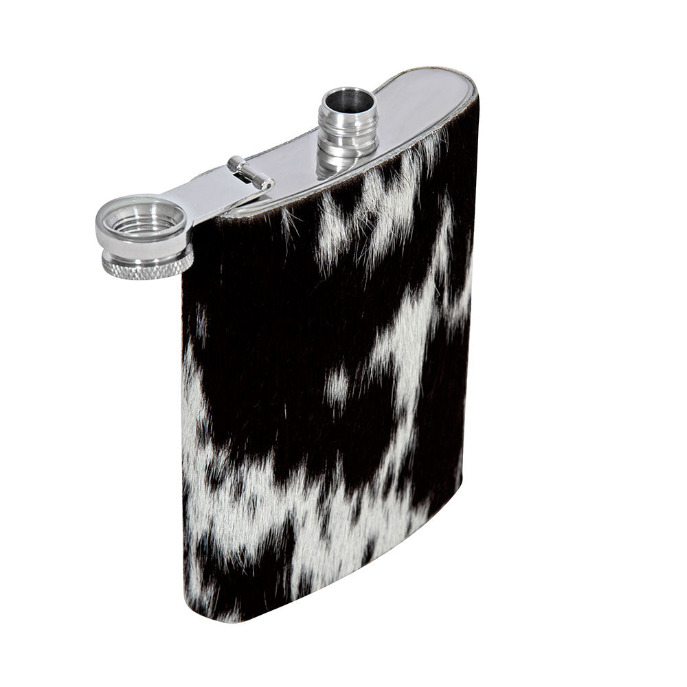 Mountain Trail Flask in Dark Hair-on Hide | Unique Natural Markings | Black and White | Myra Bags | S-8476