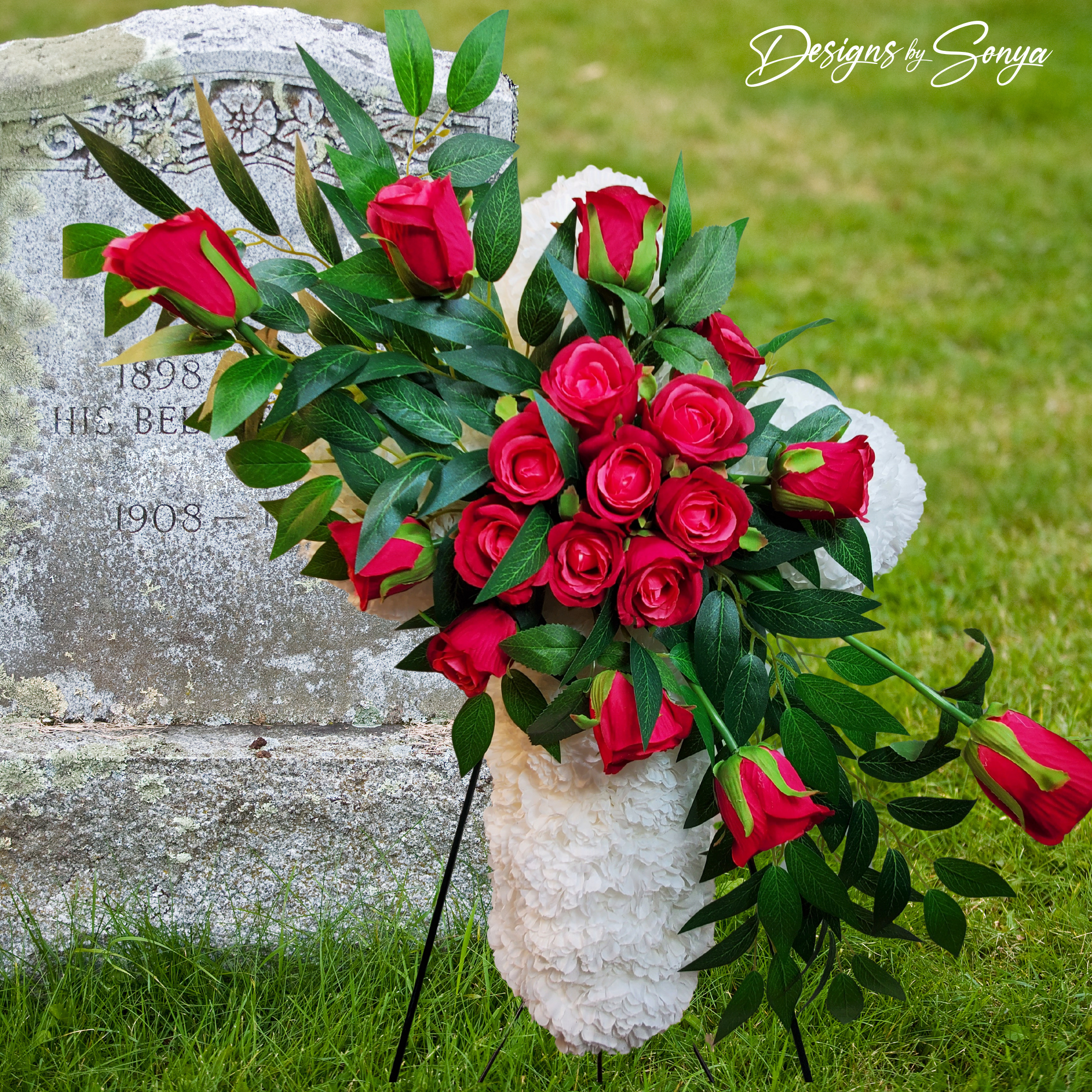 Eternal Love Standing Cross - White Carnations and Red Roses Memorial