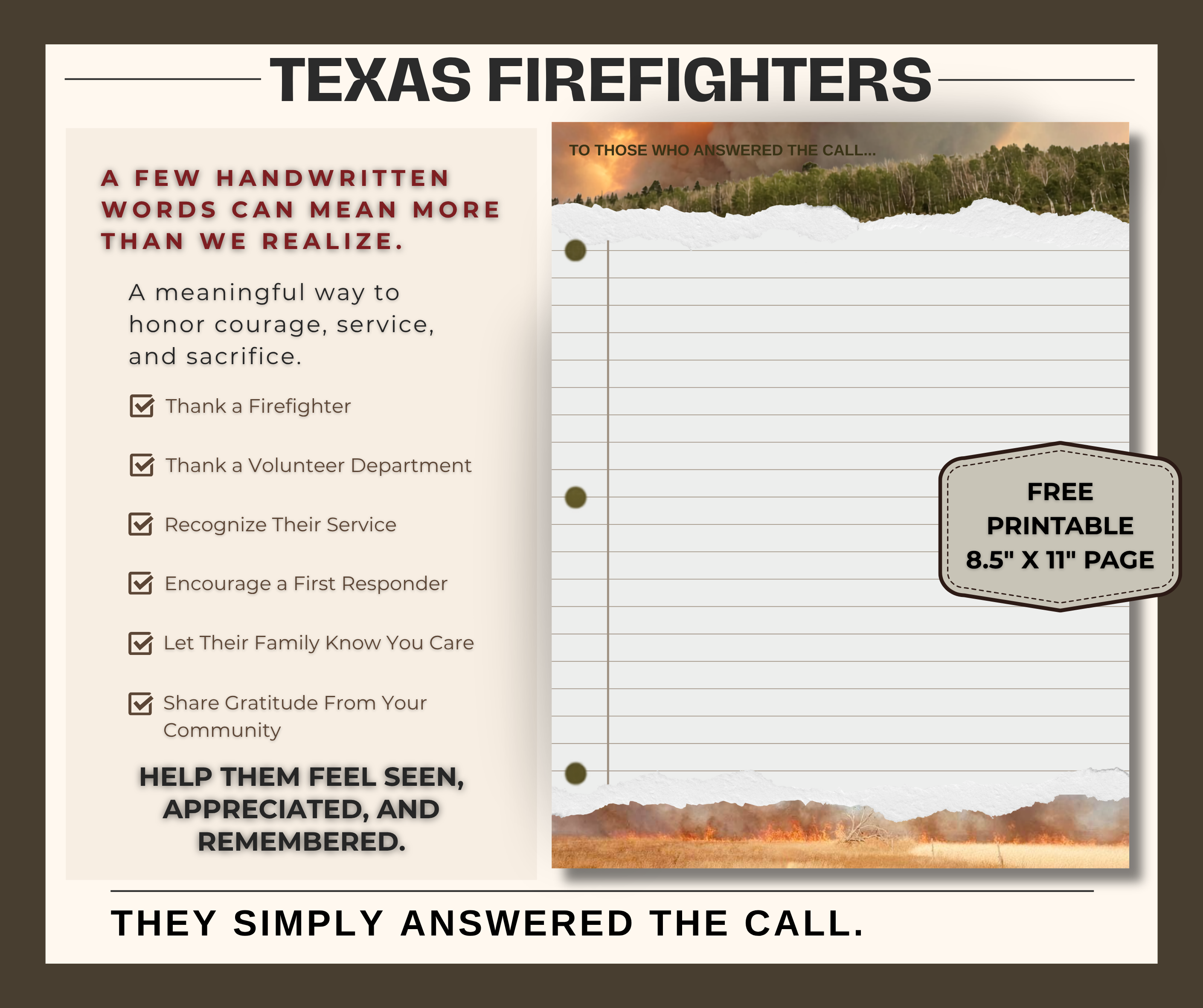 FREE Wildfire Firefighter Thank You Page, Printable First Responder Appreciation Activity