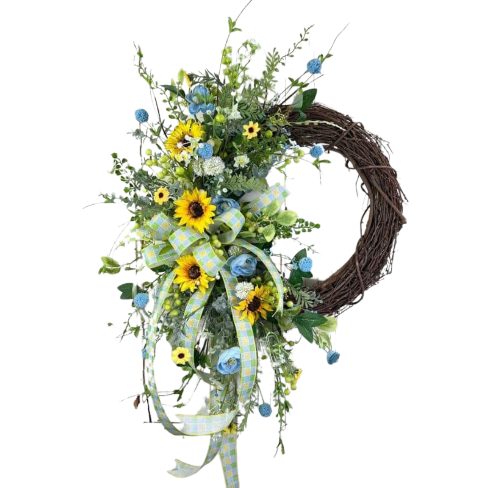 Sunny Day Delight Grapevine Wreath for Front Door | Blue & Yellow Sunflowers on Grapevine | Made to Order
