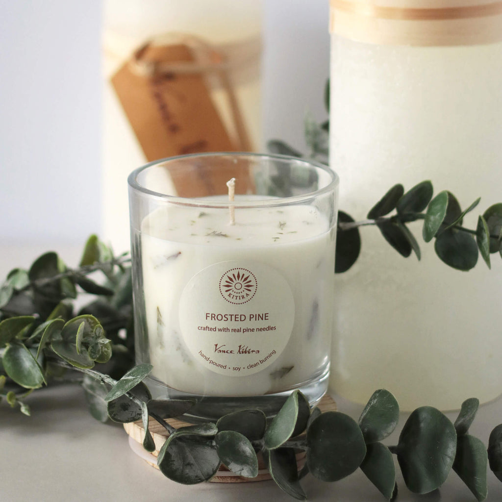 Vance Kitira Frosted Pine Scented Soy Candle | Crafted with Real Pine Needles | Eco-Friendly 30 Hour Clean Burning