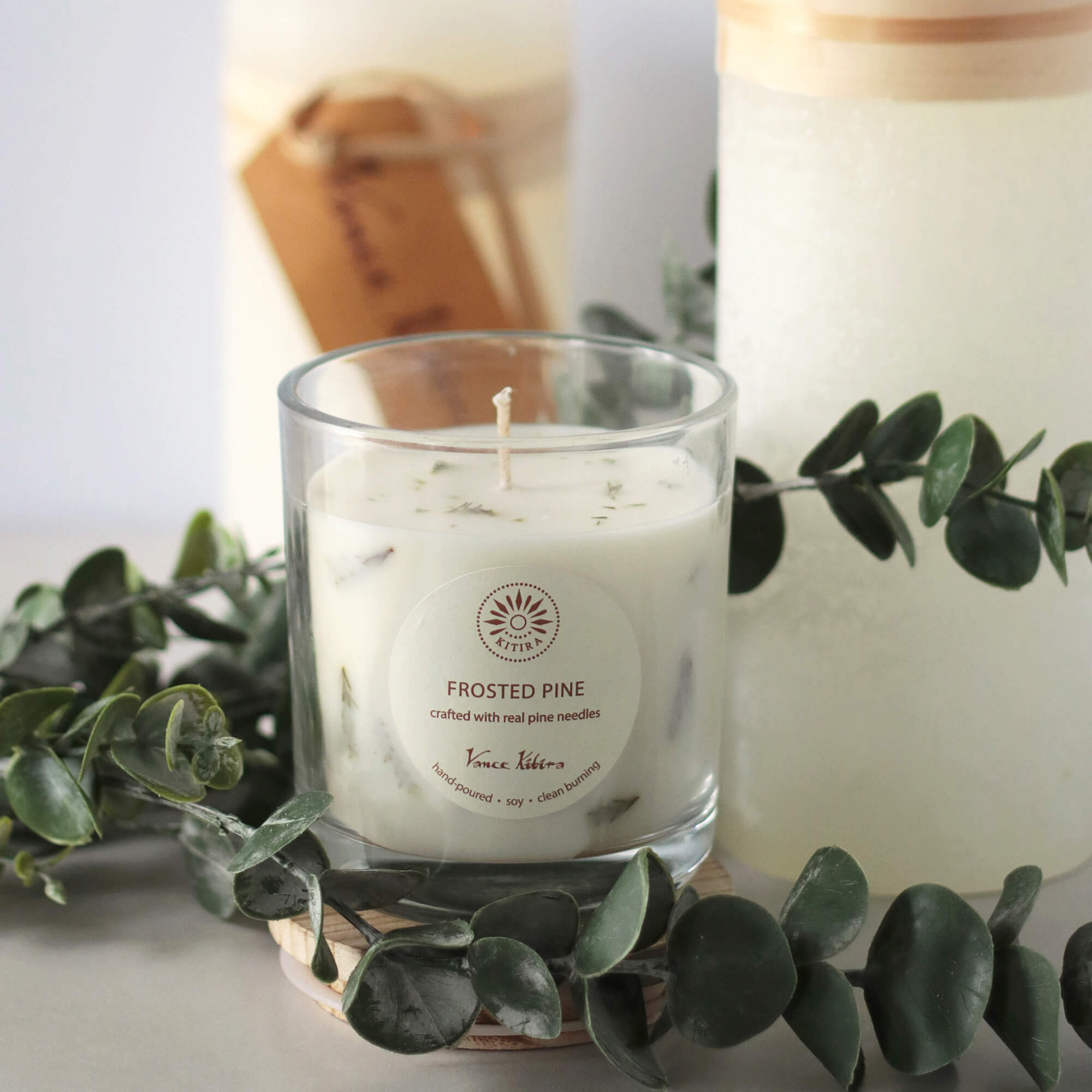 Vance Kitira Frosted Pine Scented Soy Candle | Crafted with Real Pine Needles | Eco-Friendly 30 Hour Clean Burning