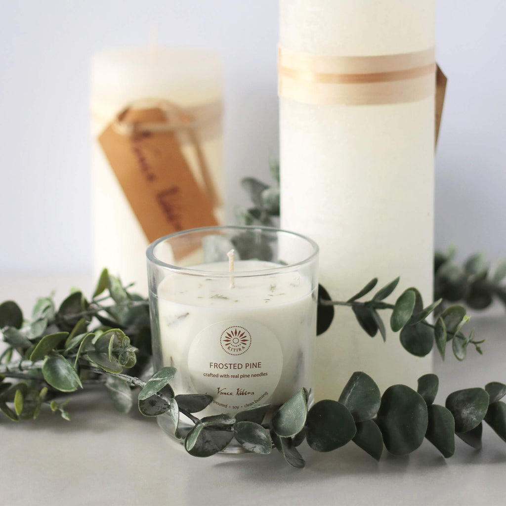Vance Kitira Frosted Pine Scented Soy Candle | Crafted with Real Pine Needles | Eco-Friendly 30 Hour Clean Burning